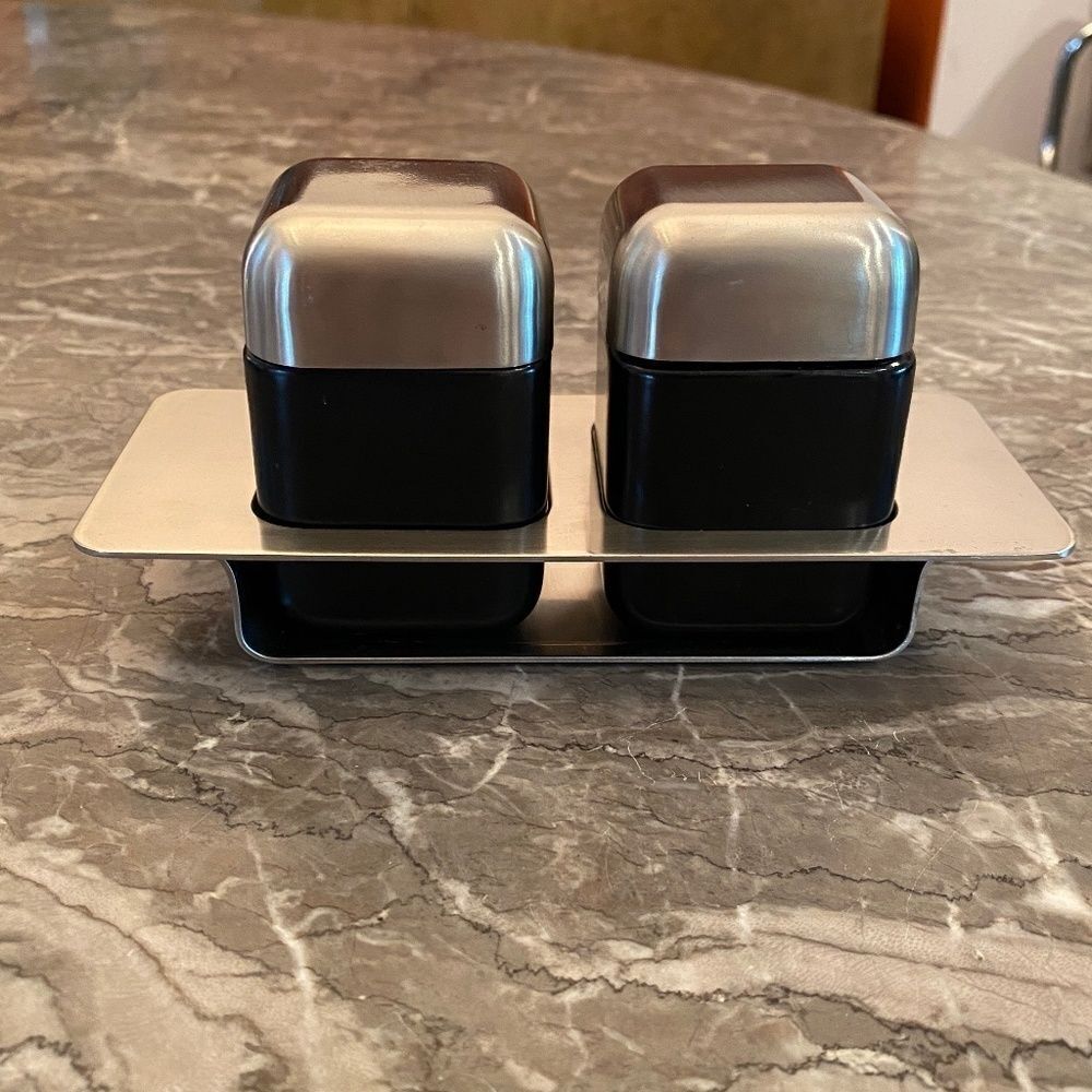 Sergio Asti ICM Italy Salt Pepper Shakers Modern MCM Stainless and Black